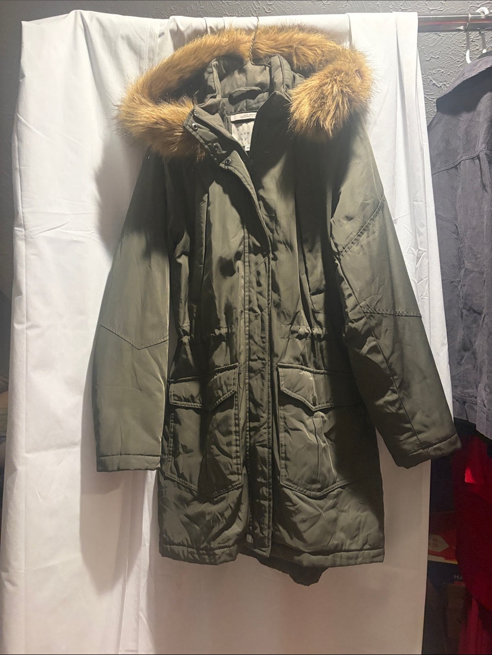 a new day Olive Green Puffer Parka with Faux Fur Trim Hood